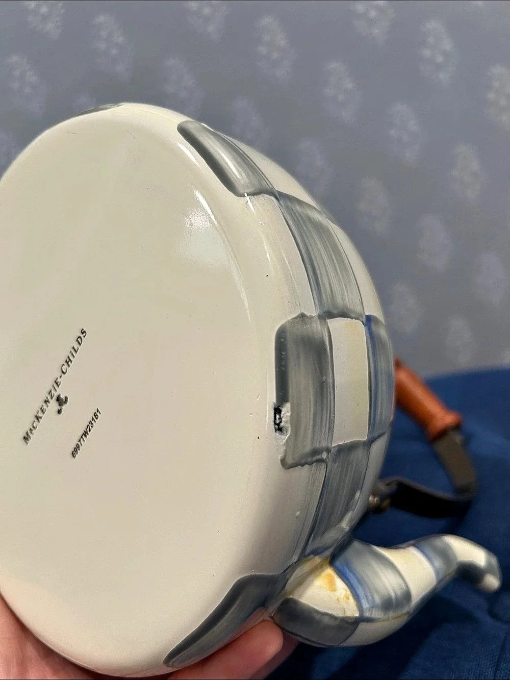 Mackenzie-Childs Sterling Check Enamel Tea Kettle White & Gray